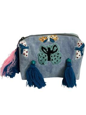 Raj LA Light Denim Blue Canvas Embroidered Tasseled Butterfly Cosmetic Bag NEW